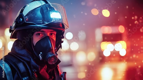 Firefighter with helmet & mask amid night city lights, ready for action