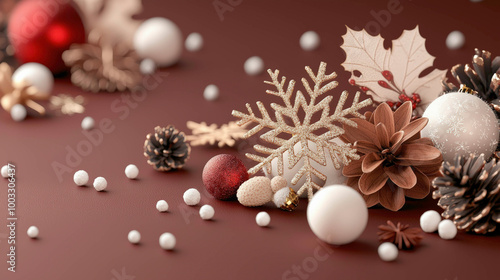 Golden snowflakes, pine cones, and red baubles rest on a soft brown surface, evoking the warmth of the holiday season, complemented by delicate white and wooden ornaments, capturing a festive scene.