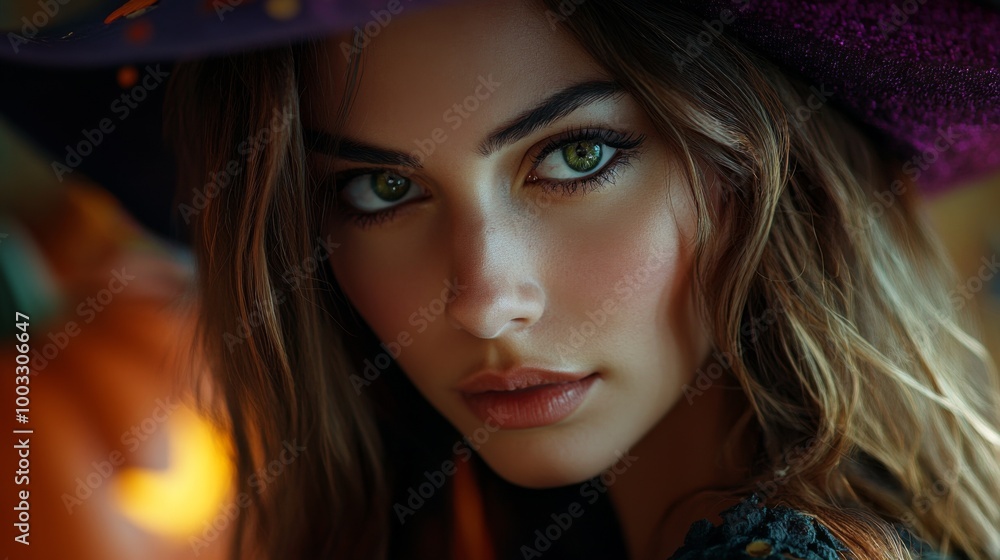 Enchanting Witch in Autumn Setting with Pumpkins and Magical Atmosphere Enchanting Witch in Autumn Setting with Pumpkins and Magical Atmosphere