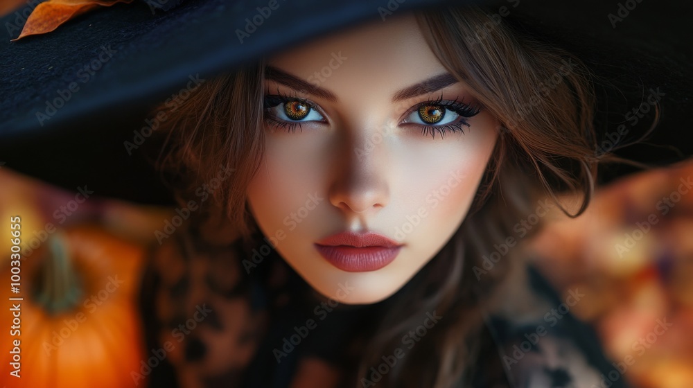 Enchanting Witch in Autumn Setting with Pumpkins and Magical Atmosphere