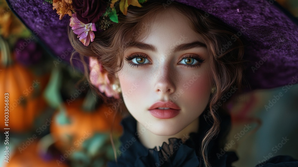Naklejka premium Enchanting Witch in Autumn Setting with Pumpkins and Magical Atmosphere