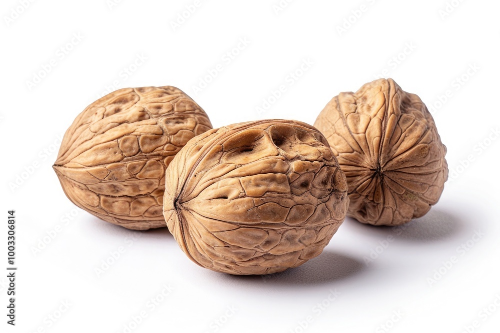 Three walnuts isolated on a white background with detailed texture and natural brown color Three walnuts isolated on a white background with detailed texture and natural brown color