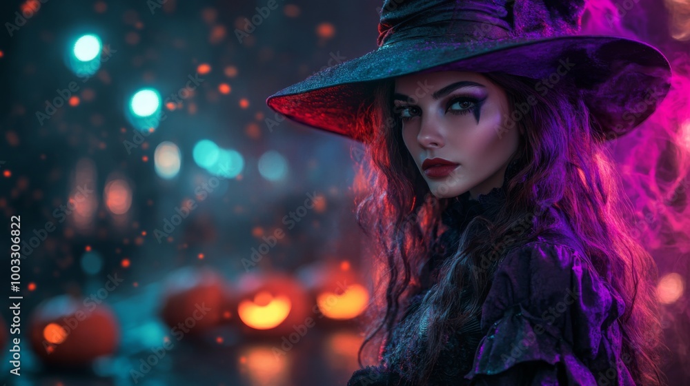 Enchanting Witch in Autumn Setting with Pumpkins and Magical Atmosphere Enchanting Witch in Autumn Setting with Pumpkins and Magical Atmosphere