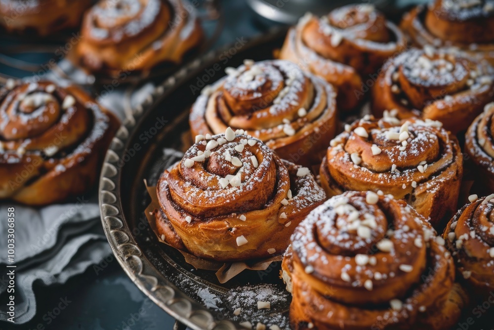 Freshly baked cinnamon rolls on a tray topped with powdered sugar and chopped nuts Freshly baked cinnamon rolls on a tray topped with powdered sugar and chopped nuts
