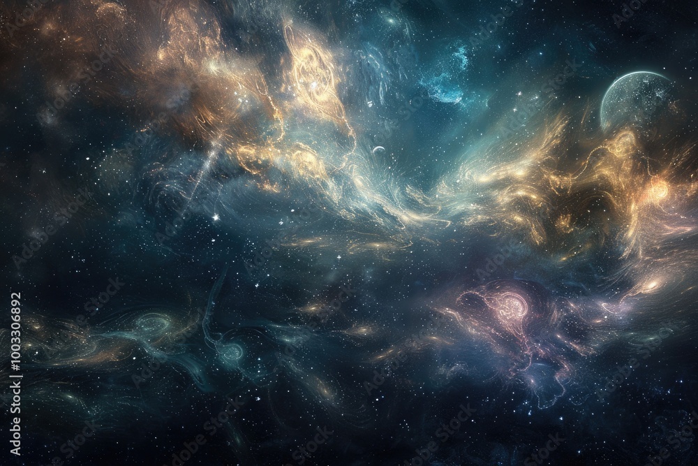 celestial scene of swirling galaxies, stars, and cosmic clouds in space with bright light flares celestial scene of swirling galaxies, stars, and cosmic clouds in space with bright light flares