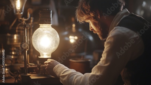 Inventor Working on Early Electric Light Bulb in Vintage Laboratory
