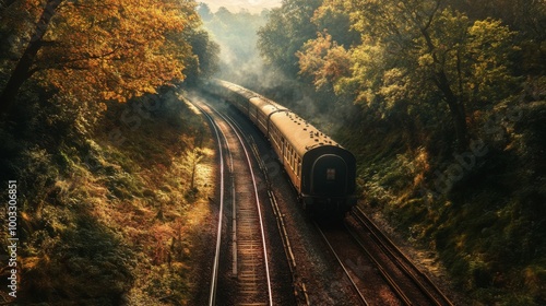 A vintage train travels through a lush forest with steam rising from the engine.