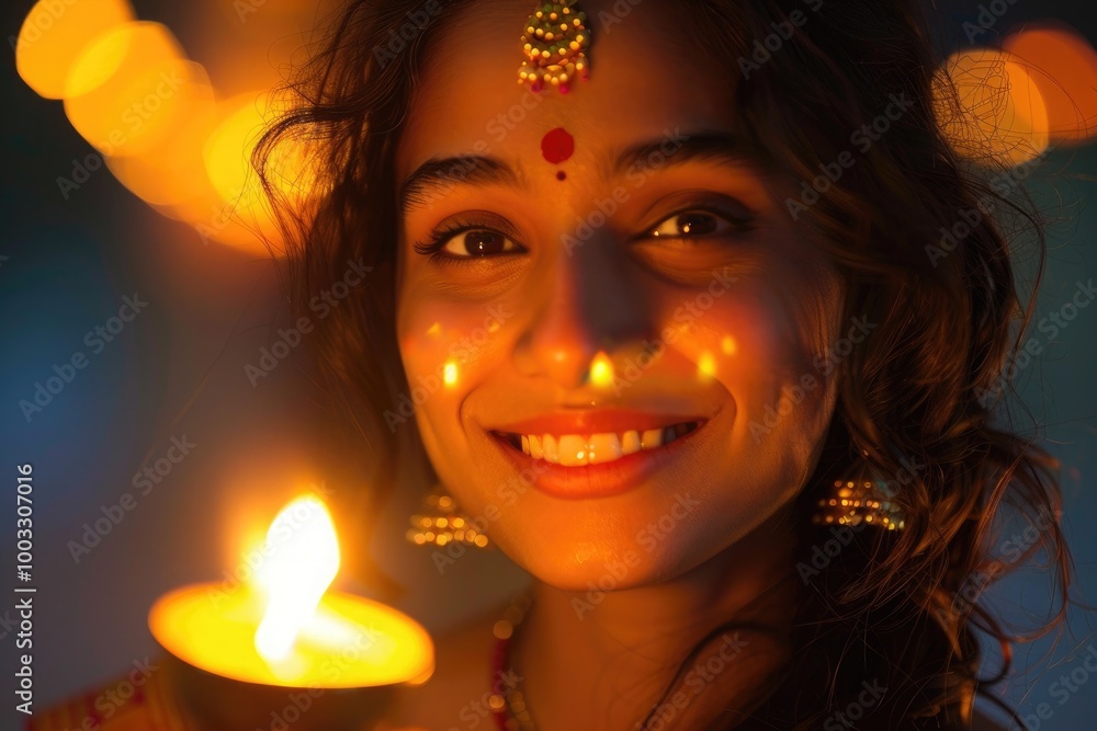 woman smiling, holding a lit candle, with warm golden reflections and bokeh lights around her woman smiling, holding a lit candle, with warm golden reflections and bokeh lights around her
