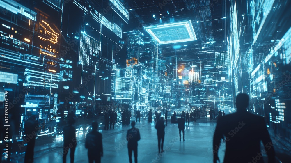 Futuristic Digital Cityscape with Holographic Interfaces and Data Flow Futuristic Digital Cityscape with Holographic Interfaces and Data Flow