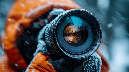 Closeup of camera lens covered in snow with photographer in background