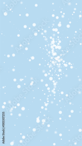 Falling snowflakes christmas background. Subtle flying snow flakes and stars on light blue winter backdrop. Beautifully falling snowflakes overlay. Vertical vector illustration.