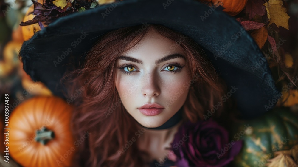 Enchanting Witch in Autumn Setting with Pumpkins and Magical Atmosphere Enchanting Witch in Autumn Setting with Pumpkins and Magical Atmosphere