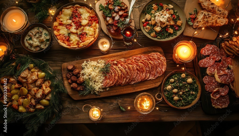 A gourmet holiday feast spread across a rustic wooden table, featuring artisanal dishes under warm, glowing string lights Rustic Warm Tones Photography A gourmet holiday feast spread across a rustic wooden table, featuring artisanal dishes under warm, glowing string lights Rustic Warm Tones Photography