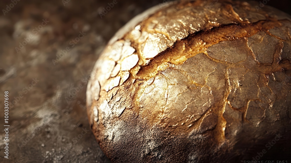 A handcrafted artisanal bread loaf fresh from the oven, photographed with golden, crispy crust and soft, detailed crumb texture Realism Warm Tones Close-up A handcrafted artisanal bread loaf fresh from the oven, photographed with golden, crispy crust and soft, detailed crumb texture Realism Warm Tones Close-up