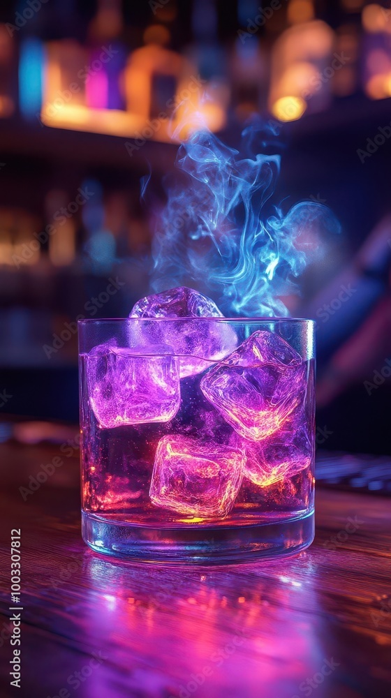 A handcrafted cocktail in a glass with glowing ice cubes, swirling neon vapor, and a futuristic bartender in the background, in a sleek, high-tech bar Futuristic Neon 3D Render A handcrafted cocktail in a glass with glowing ice cubes, swirling neon vapor, and a futuristic bartender in the background, in a sleek, high-tech bar Futuristic Neon 3D Render