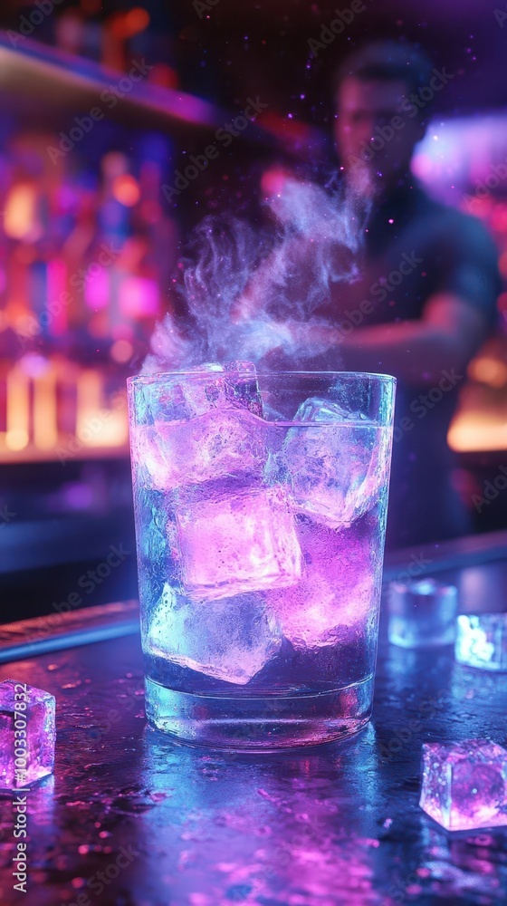 A handcrafted cocktail in a glass with glowing ice cubes, swirling neon vapor, and a futuristic bartender in the background, in a sleek, high-tech bar Futuristic Neon 3D Render A handcrafted cocktail in a glass with glowing ice cubes, swirling neon vapor, and a futuristic bartender in the background, in a sleek, high-tech bar Futuristic Neon 3D Render