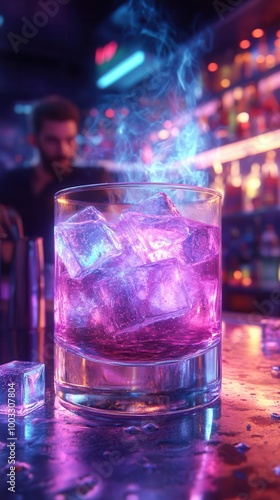 A handcrafted cocktail in a glass with glowing ice cubes, swirling neon vapor, and a futuristic bartender in the background, in a sleek, high-tech bar Futuristic Neon 3D Render