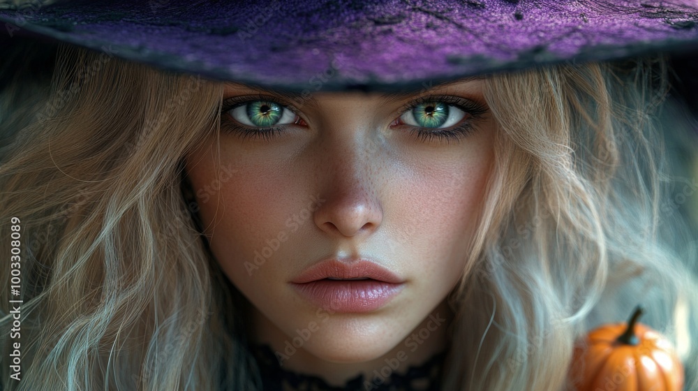 Enchanting Witch in Autumn Setting with Pumpkins and Magical Atmosphere Enchanting Witch in Autumn Setting with Pumpkins and Magical Atmosphere