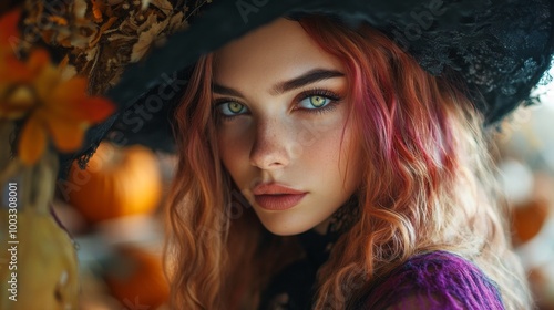 Enchanting Witch in Autumn Setting with Pumpkins and Magical Atmosphere