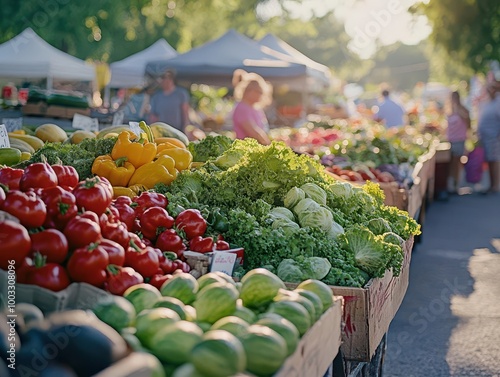 A picturesque farmer s market featuring fresh, farm-to-table produce in vibrant colors, with shoppers browsing in soft morning light  Rustic  Realism  Photography photo