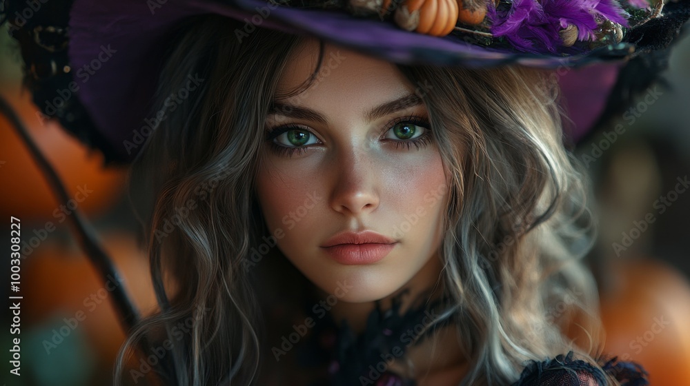 Fototapeta premium Enchanting Witch in Autumn Setting with Pumpkins and Magical Atmosphere