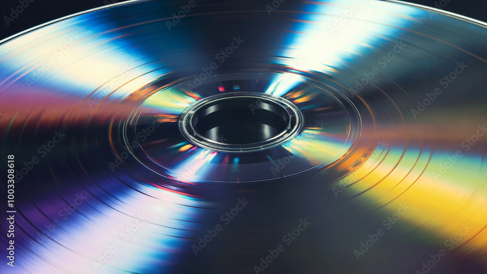 A close-up view of a compact disc (CD) or a vinyl record. The disc is spinning, and its surface reflects a myriad of colors, including blues, purples, yellows, and greens. A close-up view of a compact disc (CD) or a vinyl record. The disc is spinning, and its surface reflects a myriad of colors, including blues, purples, yellows, and greens.