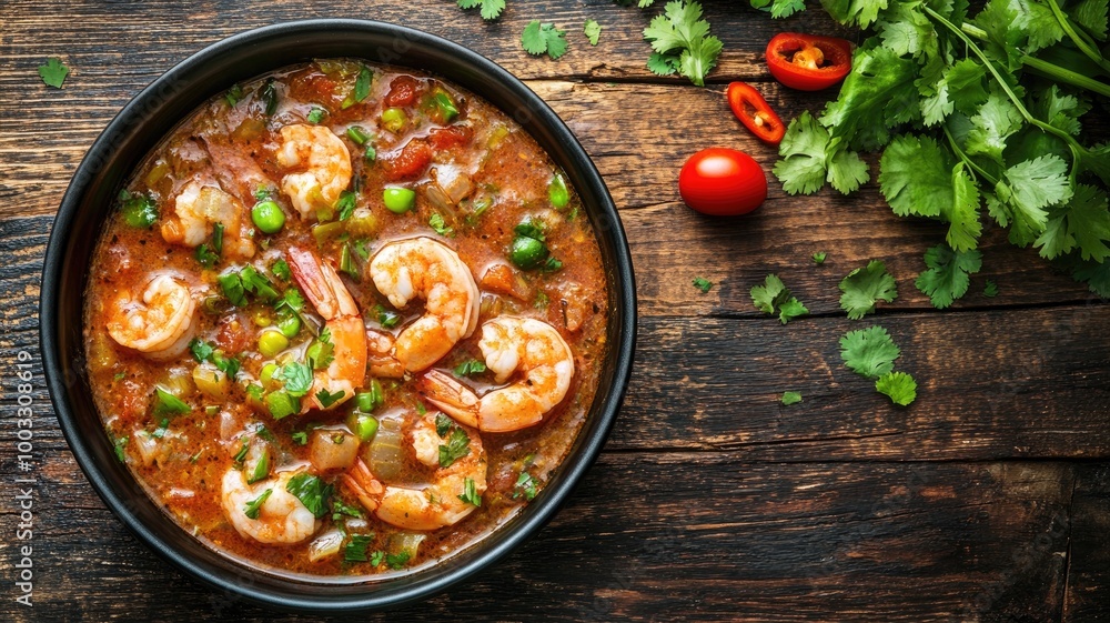 Bowl of shrimp stew with vegetables and herbs on wooden table Bowl of shrimp stew with vegetables and herbs on wooden table