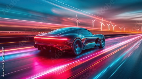 A sleek electric vehicle driving along a futuristic, solar-powered highway with glowing lane markers and wind turbines in the distance Futuristic Neon Motion Blur