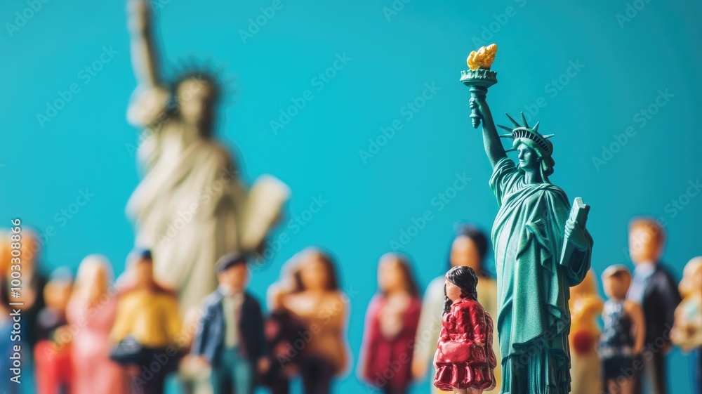 Naklejka premium Miniature figurines of diverse people in front small Statue Liberty replica