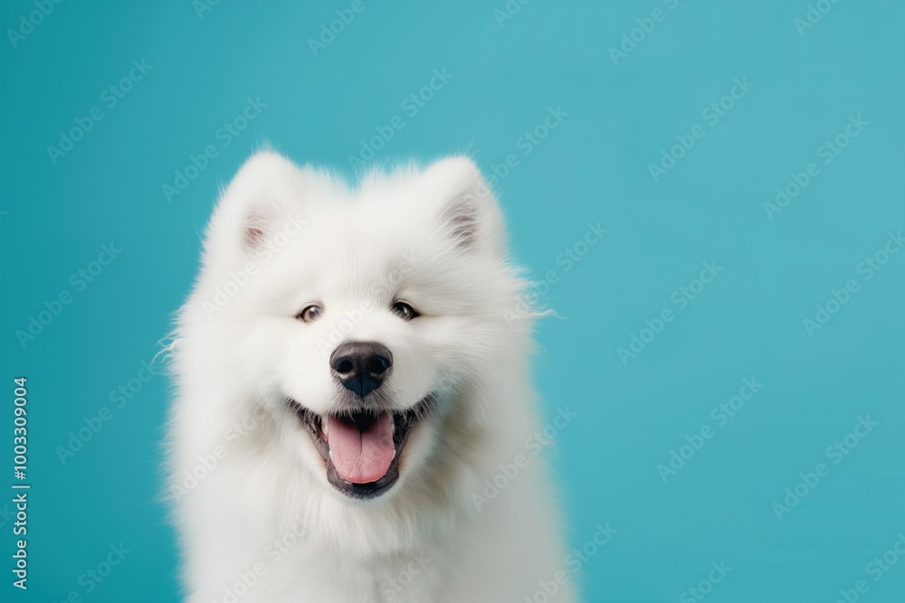 Cute Samoyed dog on colorful background. Fluffy white Samoyed breed stands out on bright blue background. Adorable pet looks straight into the camera with cute expression. Cute Samoyed dog on colorful background. Fluffy white Samoyed breed stands out on bright blue background. Adorable pet looks straight into the camera with cute expression.