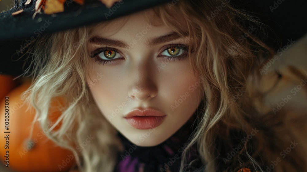 Enchanting Witch in Autumn Setting with Pumpkins and Magical Atmosphere Enchanting Witch in Autumn Setting with Pumpkins and Magical Atmosphere