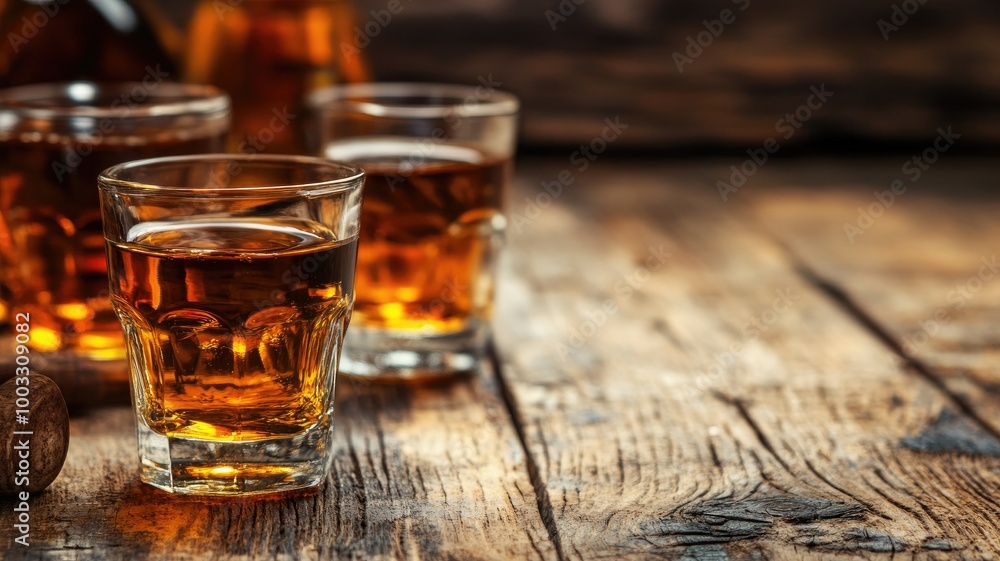 Three whiskey glasses on rustic wooden table Three whiskey glasses on rustic wooden table