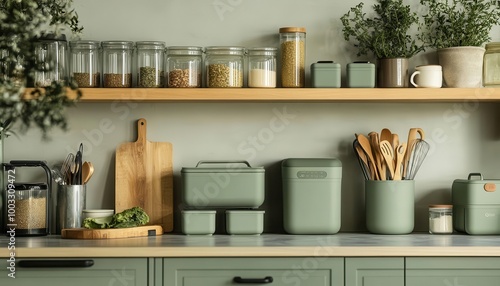 A zero-waste kitchen, with sleek, eco-friendly containers, reusable bags, and sustainable tools arranged neatly on a minimalist countertop Minimalist Green Tones Photography