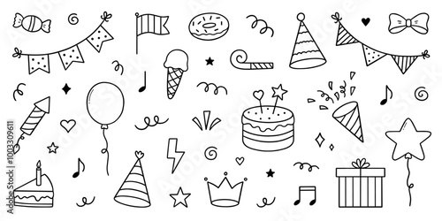 Birthday party doodle set. Holiday decoration, gift box, cake, garlands, balloons, party hats in sketch style. Hand drawn vector illustration isolated on white background.