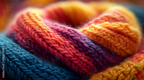 Close-up Macro Photography of Knitted Fabric with Orange, Red, and Blue Yarns