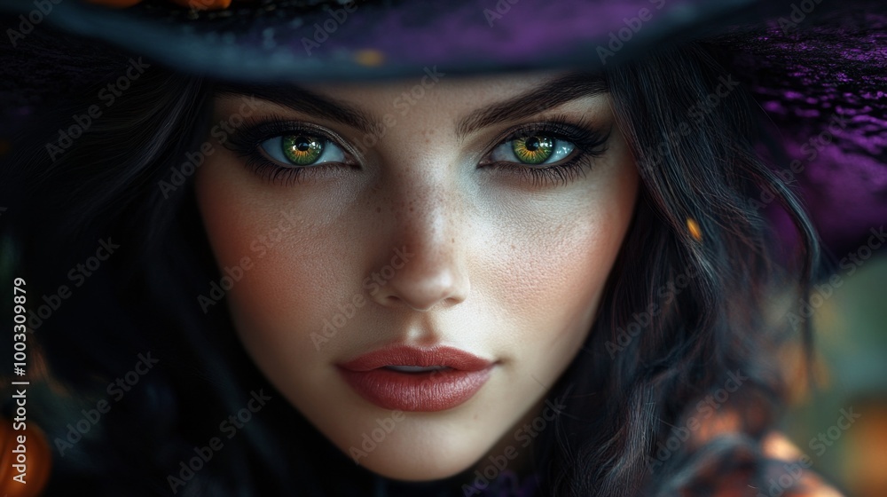 Enchanting Witch in Autumn Setting with Pumpkins and Magical Atmosphere Enchanting Witch in Autumn Setting with Pumpkins and Magical Atmosphere