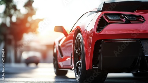 Sleek red sports car with black details in urban setting at sunset