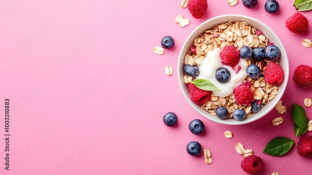 Bowl of granola with yogurt, raspberries, and blueberries on pink background Bowl of granola with yogurt, raspberries, and blueberries on pink background