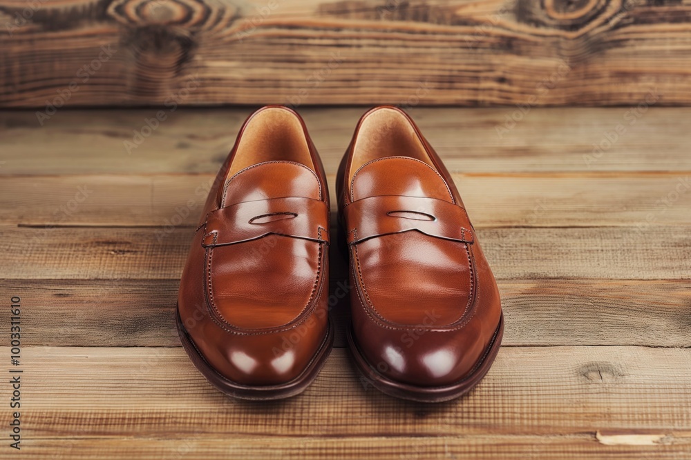 Close-up of brown leather shoes on wooden background. Elegant footwear for, classic design, comfortable wear. Stylish accessory for business outfit, modern style. Pair of shoes on wooden floor, Close-up of brown leather shoes on wooden background. Elegant footwear for, classic design, comfortable wear. Stylish accessory for business outfit, modern style. Pair of shoes on wooden floor,