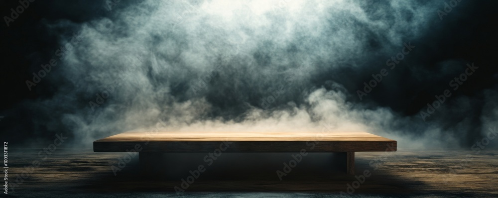 wooden platform with misty atmosphere, dramatic wooden platform with misty atmosphere, dramatic