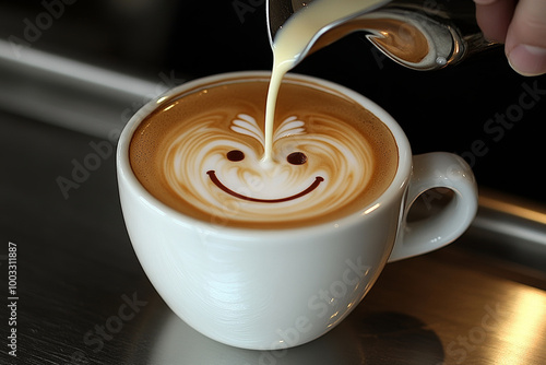 barista skillfully pours milk into cup of coffee, creating delightful smiley face latte art. This charming presentation adds joy to coffee experience photo