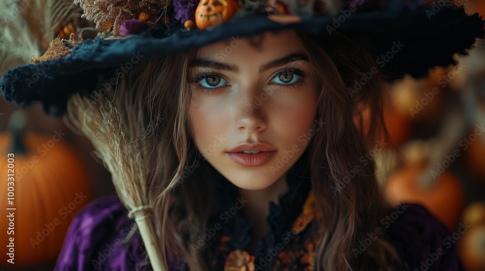Enchanting Witch in Autumn Setting with Pumpkins and Magical Atmosphere Enchanting Witch in Autumn Setting with Pumpkins and Magical Atmosphere