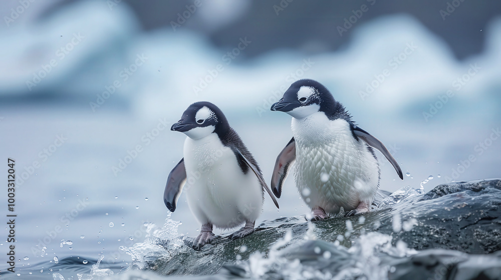 Fototapeta premium Penguins on an ice floe, Antarctic Peninsula, on an iceberg near South Shetland Islands