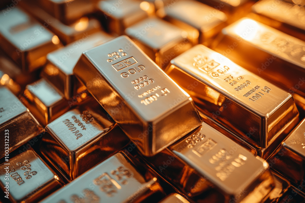 close up of gold bars stacked neatly, reflecting light beautifully, showcases allure and value of precious metals. gleaming surface highlights their luxurious appeal close up of gold bars stacked neatly, reflecting light beautifully, showcases allure and value of precious metals. gleaming surface highlights their luxurious appeal