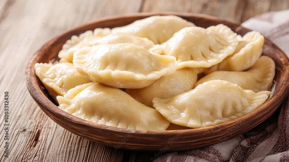 Delicious dumplings, stuffed with various fillings, on wooden plate Delicious dumplings, stuffed with various fillings, on wooden plate
