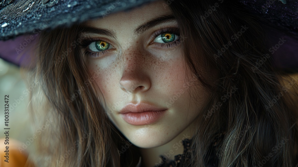 Enchanting Witch in Autumn Setting with Pumpkins and Magical Atmosphere Enchanting Witch in Autumn Setting with Pumpkins and Magical Atmosphere