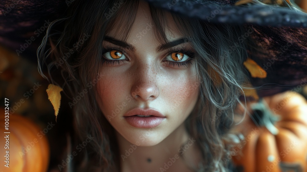 Enchanting Witch in Autumn Setting with Pumpkins and Magical Atmosphere Enchanting Witch in Autumn Setting with Pumpkins and Magical Atmosphere