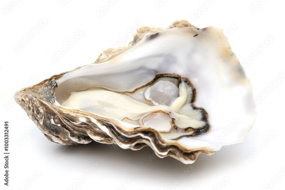 Close-up of open oyster shell with pearl inside. White background highlights beautiful, convoluted mother-of-pearl colours. Bivalve shell texture is intricate, with shiny orb inside. Close-up of open oyster shell with pearl inside. White background highlights beautiful, convoluted mother-of-pearl colours. Bivalve shell texture is intricate, with shiny orb inside.
