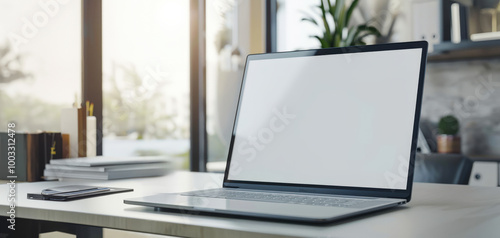 Wallpaper Mural Laptop blank screen on smooth table, office accessories aside. Concept online work, remote job Torontodigital.ca