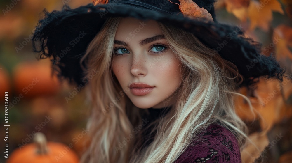 Enchanting Witch in Autumn Setting with Pumpkins and Magical Atmosphere Enchanting Witch in Autumn Setting with Pumpkins and Magical Atmosphere